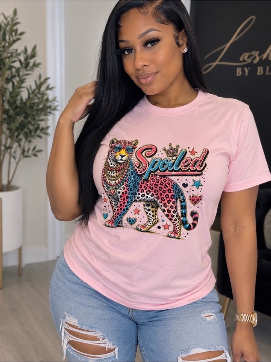 Tops - Pink 'Spoiled' Graphic Tee with Leopard Design